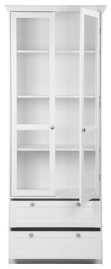 Weiße Vitrine mit Glastüren und zwei Schubladen, frontale Ansicht