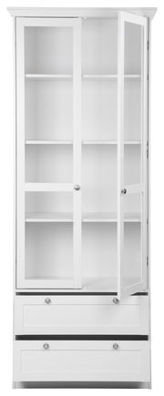 Weiße Vitrine mit Glastüren und zwei Schubladen, frontale Ansicht