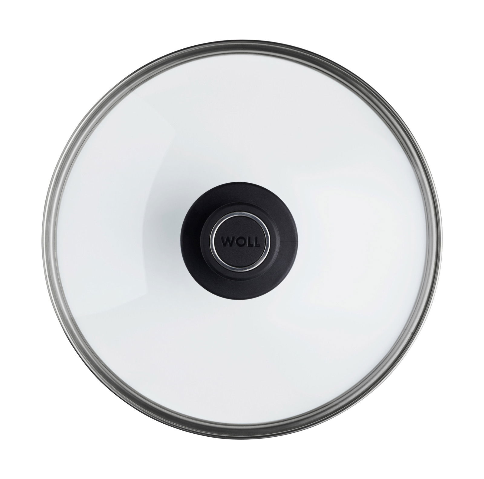 Woll Sicherheitsglasdeckel Ø 24 cm Sicht von oben auf einen Sicherheitsglasdeckel mit schwarzem Griff, Durchmesser 24 cm, Marke Woll.