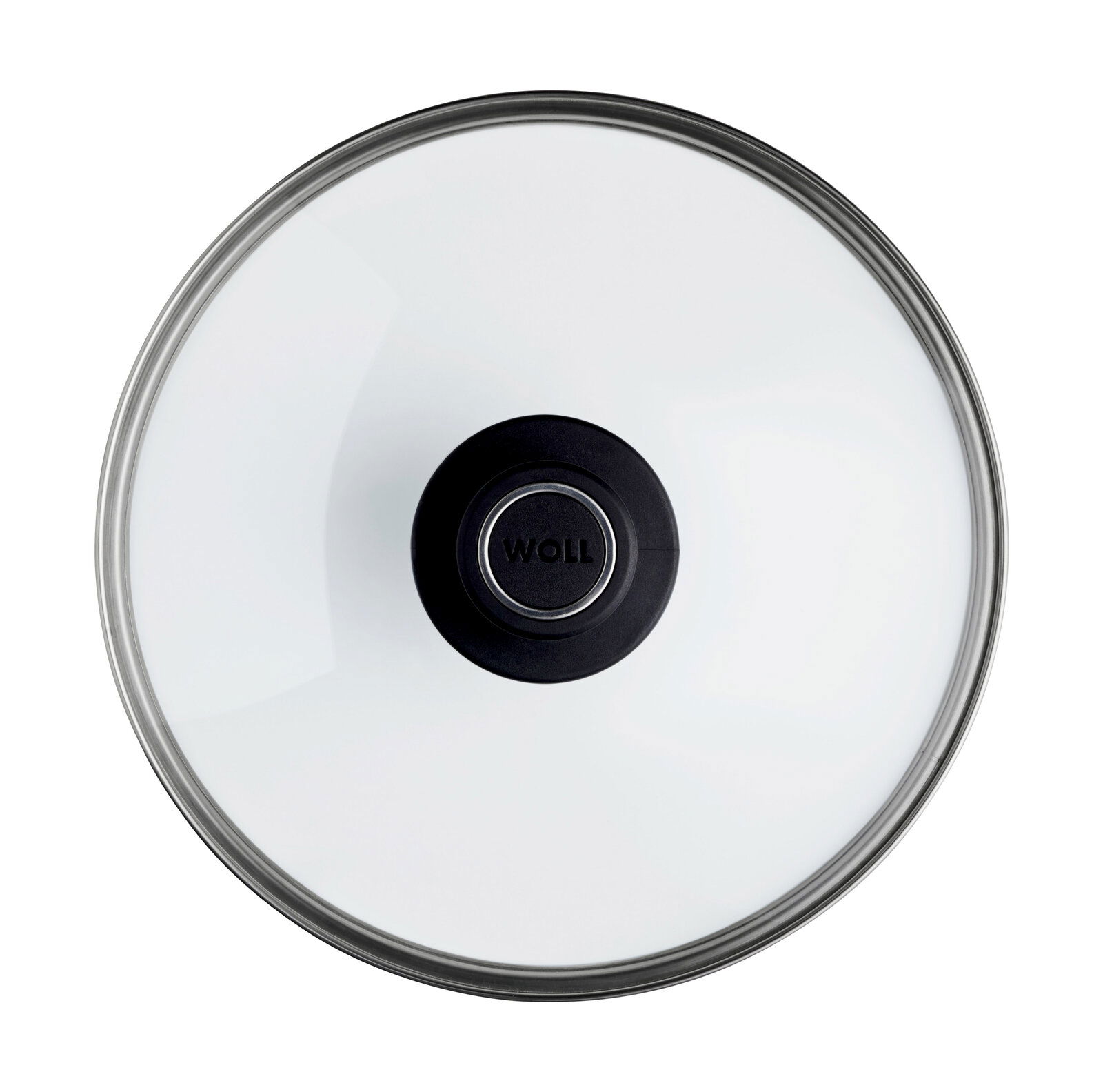 Woll Sicherheitsglasdeckel Ø 24 cm Sicht von oben auf einen Sicherheitsglasdeckel mit schwarzem Griff, Durchmesser 24 cm, Marke Woll.