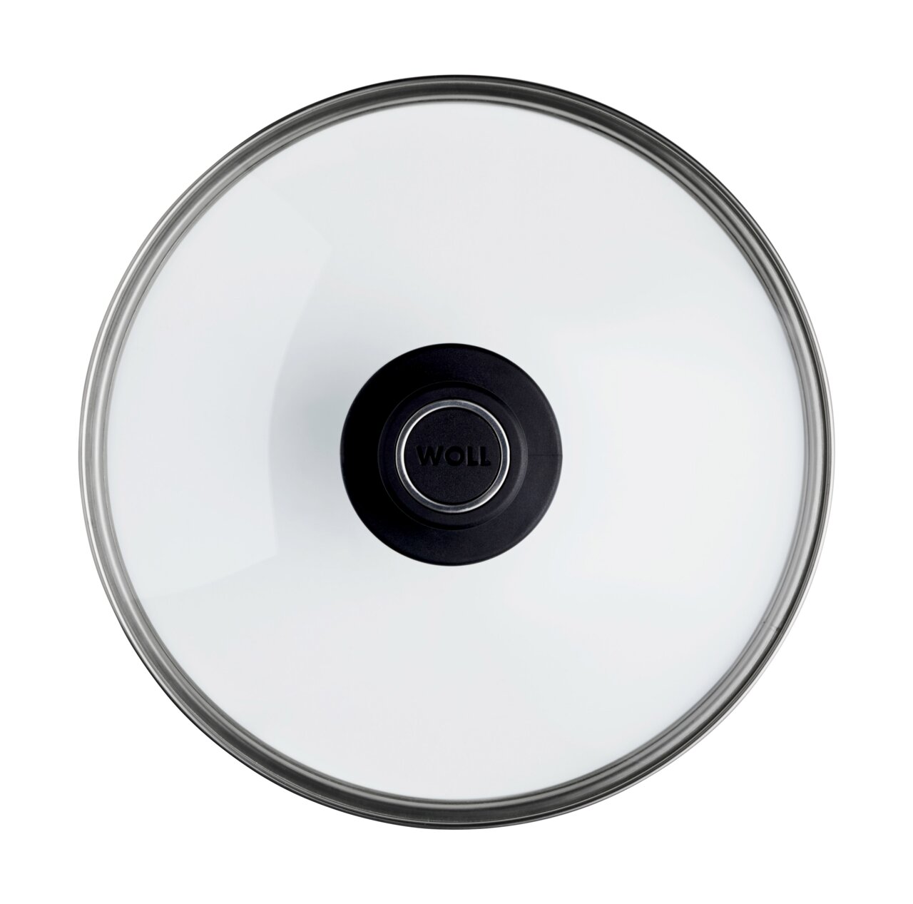 Woll Sicherheitsglasdeckel Ø 24 cm Sicht von oben auf einen Sicherheitsglasdeckel mit schwarzem Griff, Durchmesser 24 cm, Marke Woll.