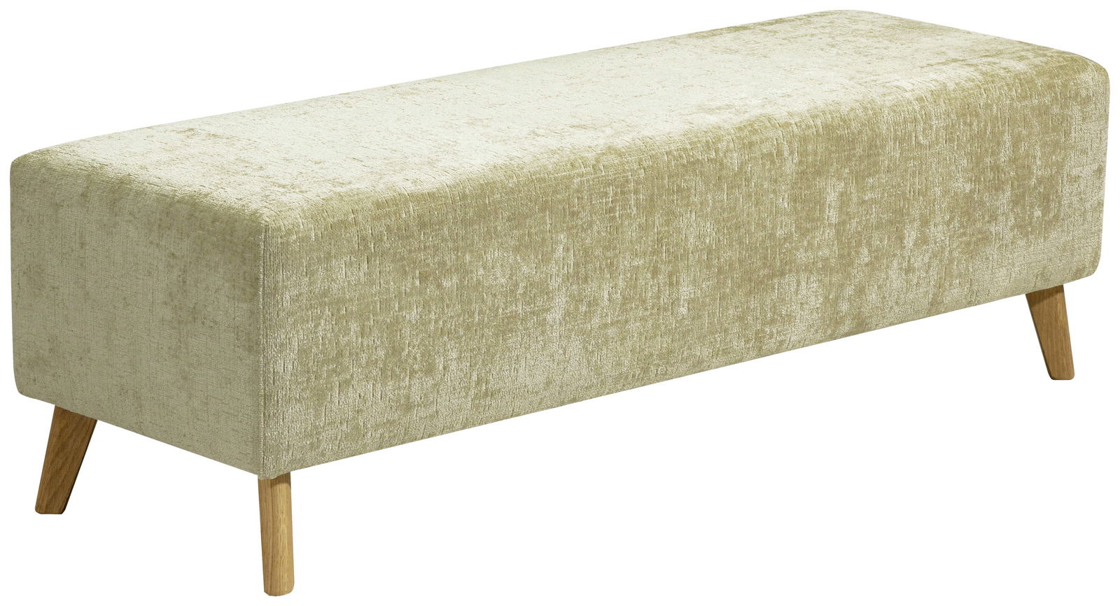 Beige Bettbank mit Holzbeinen, seitliche Perspektive