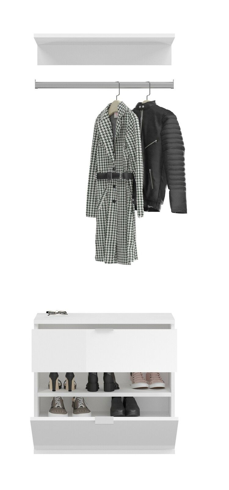 Frontale Ansicht einer modernen Garderobenkombination mit Kleiderstange, auf der Mäntel hängen, und einem Schuhschrank mit mehreren Fächern.