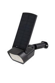 Schwarze Solarleuchte mit großem Solarpanel, seitliche Perspektive