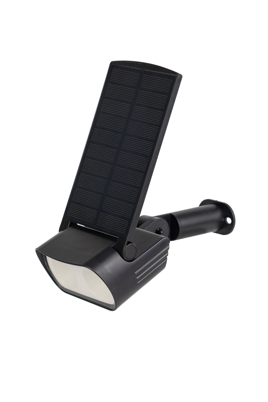 Schwarze Solarleuchte mit großem Solarpanel, seitliche Perspektive