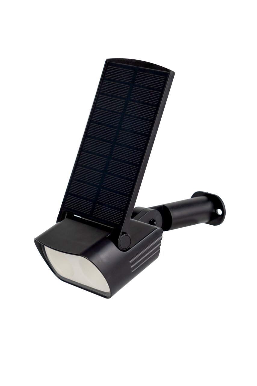 Schwarze Solarleuchte mit großem Solarpanel, seitliche Perspektive