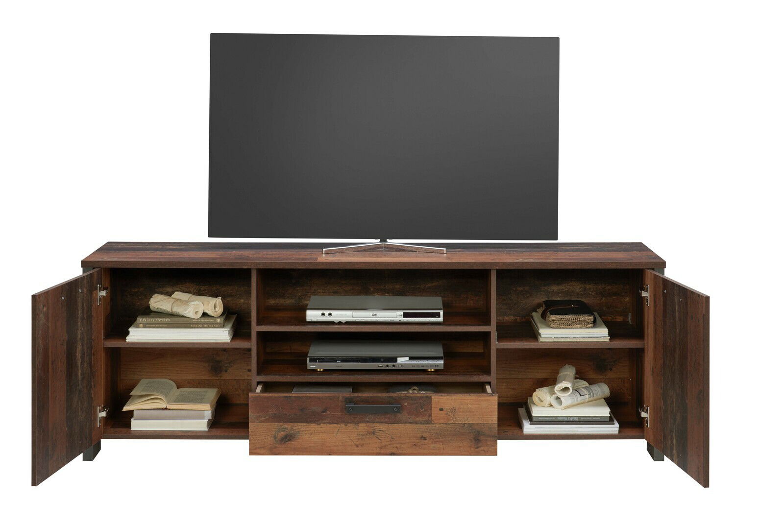 TV-Lowboard aus Holz mit offenen und geschlossenen Fächern, frontal betrachtet, mit Dekoration und elektronischen Geräten.