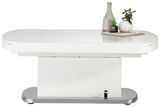 Moderner weißer Couchtisch mit abgerundeten Ecken, dekoriert mit einer Vase und Pflanzen, seitliche Perspektive