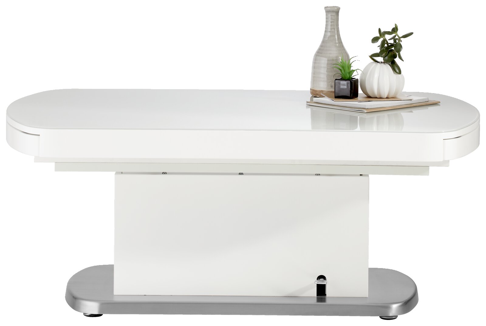 Moderner weißer Couchtisch mit abgerundeten Ecken, dekoriert mit einer Vase und Pflanzen, seitliche Perspektive