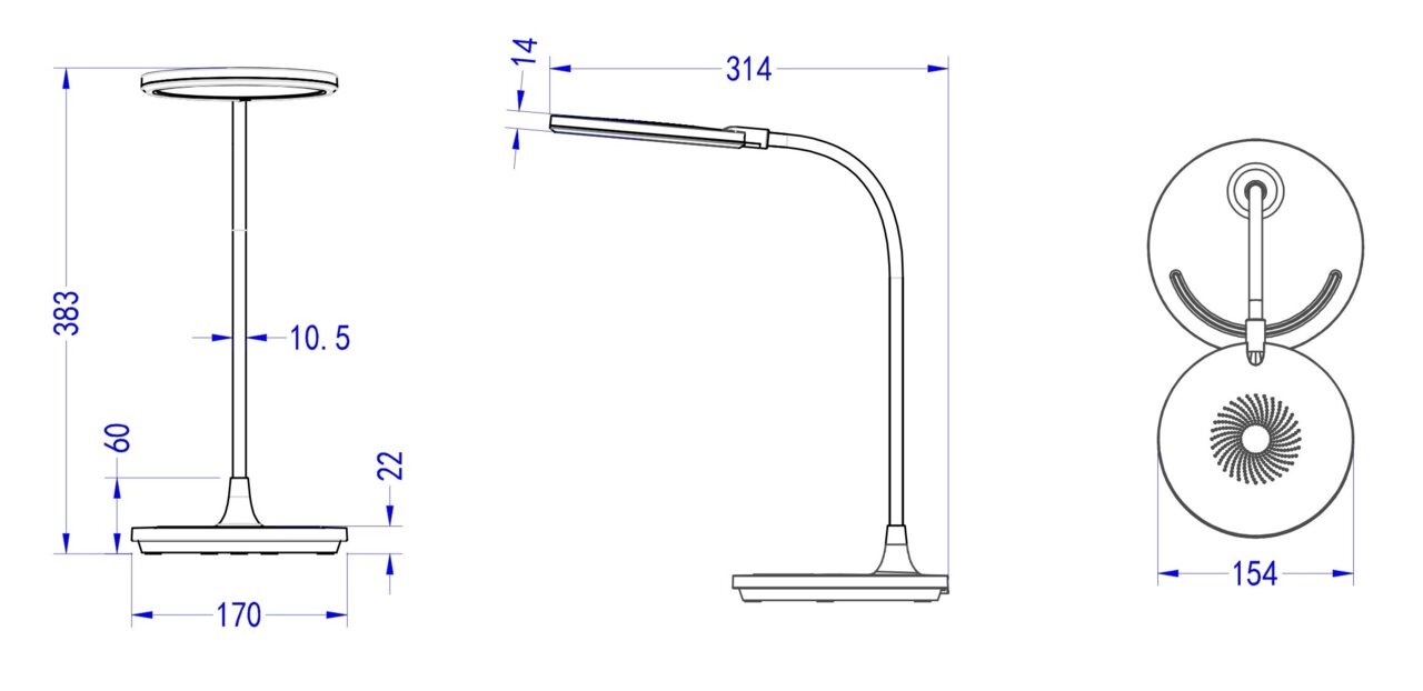 Technische Zeichnung einer Tischleuchte mit Seitenansicht, Vorderansicht und Draufsicht. Die Leuchte hat einen schlanken, gebogenen Arm und einen runden Sockel.