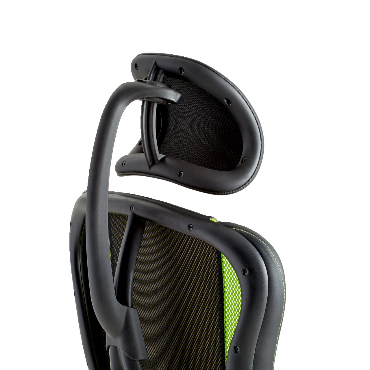 Rückansicht eines Gaming Stuhls mit verstellbarer Kopfstütze und grünem Netzstoff.