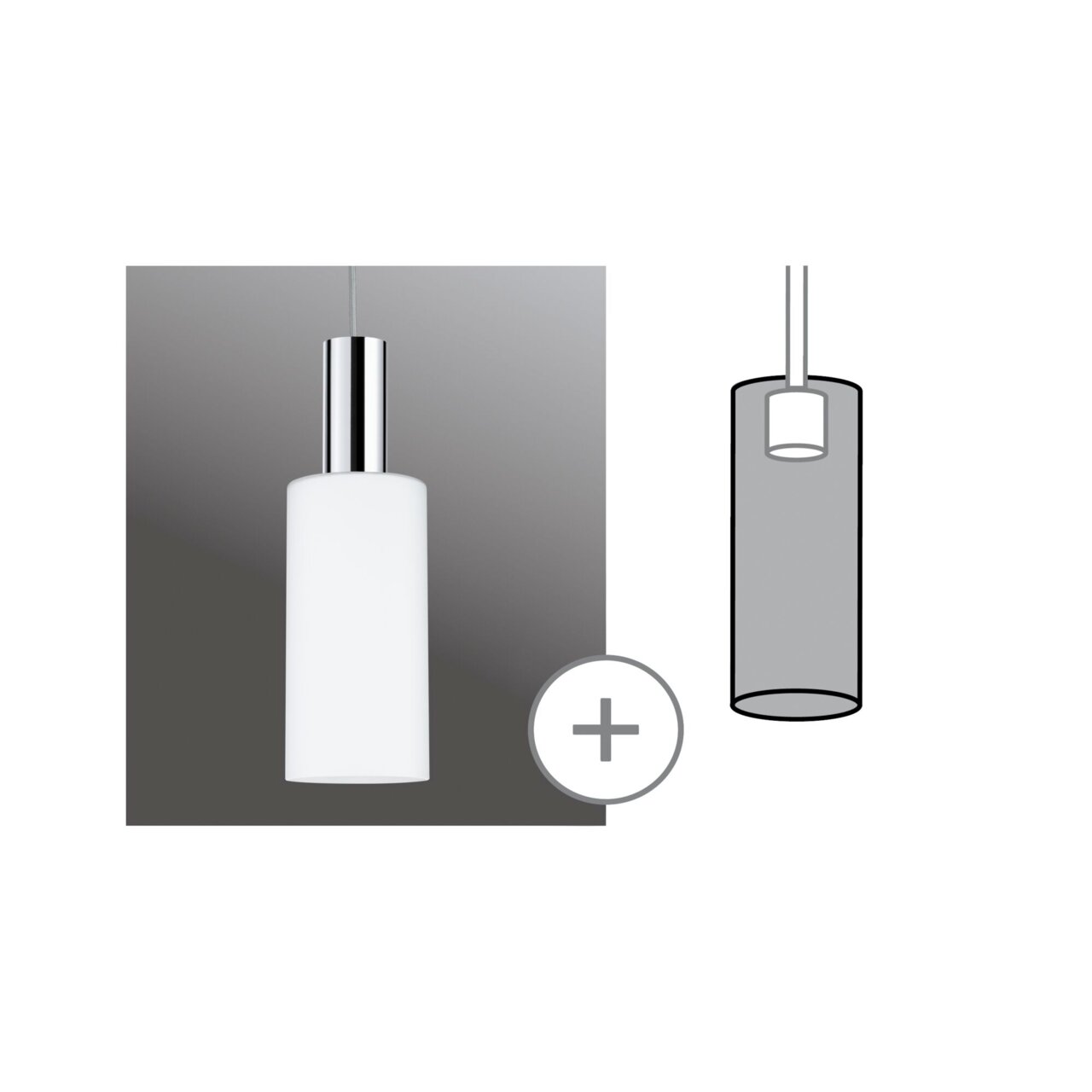 Zylindrischer Dekoschirm Raja in Weiß, hängend von der Seite betrachtet, mit glänzendem Metallabschluss.