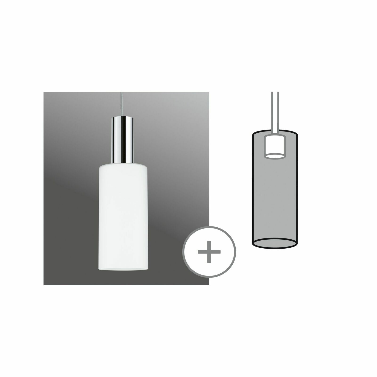 Zylindrischer Dekoschirm Raja in Weiß, hängend von der Seite betrachtet, mit glänzendem Metallabschluss.