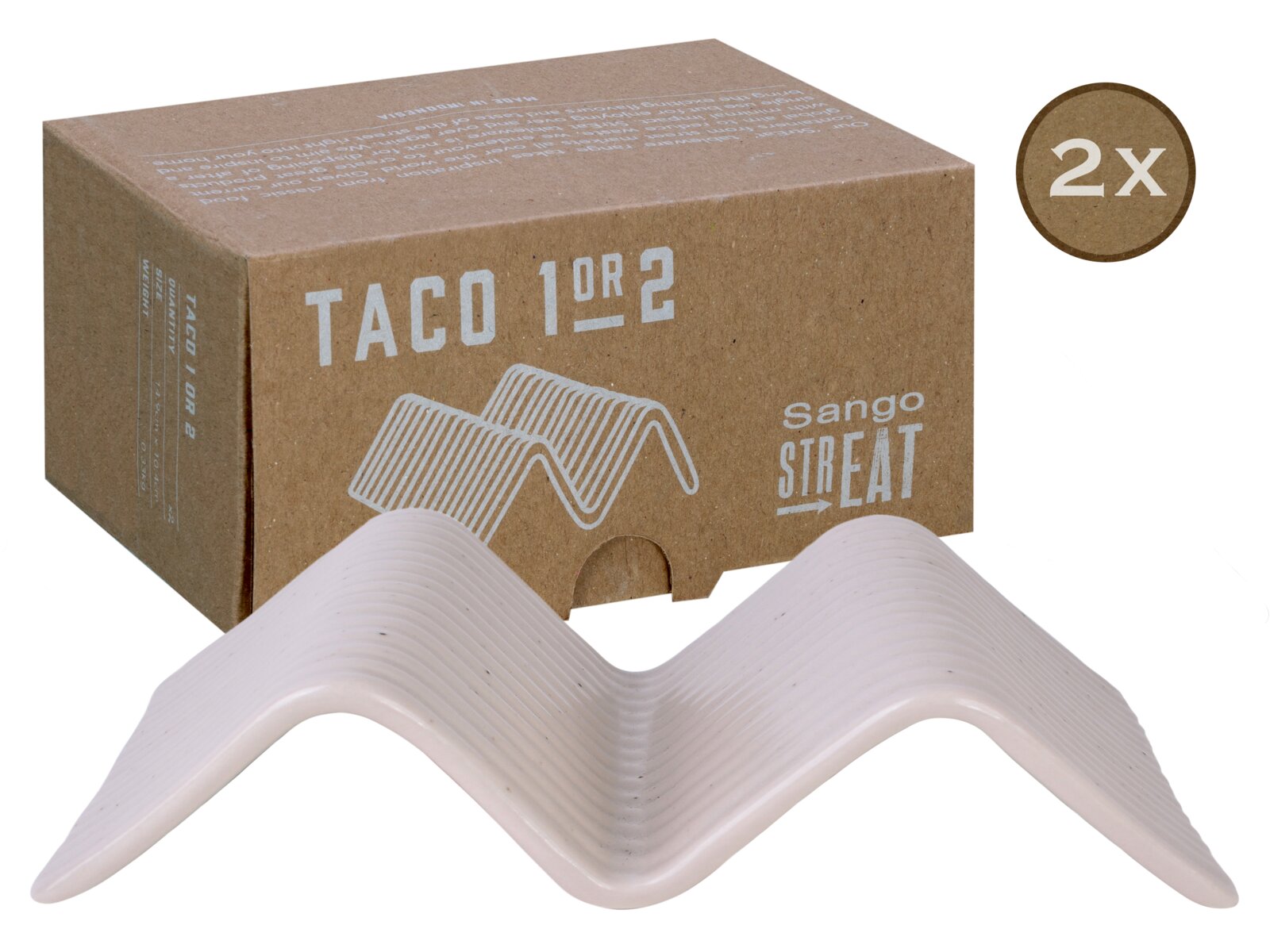 Creatable Taco Stand 2-tlg STREET FOOD Sango Street Taco 1 oder 2 Taco-Halter im 2er-Set aus weißer Keramik mit geriffelter Zickzackform vor brauner Produktverpackung, schräg von vorn aufgenommen