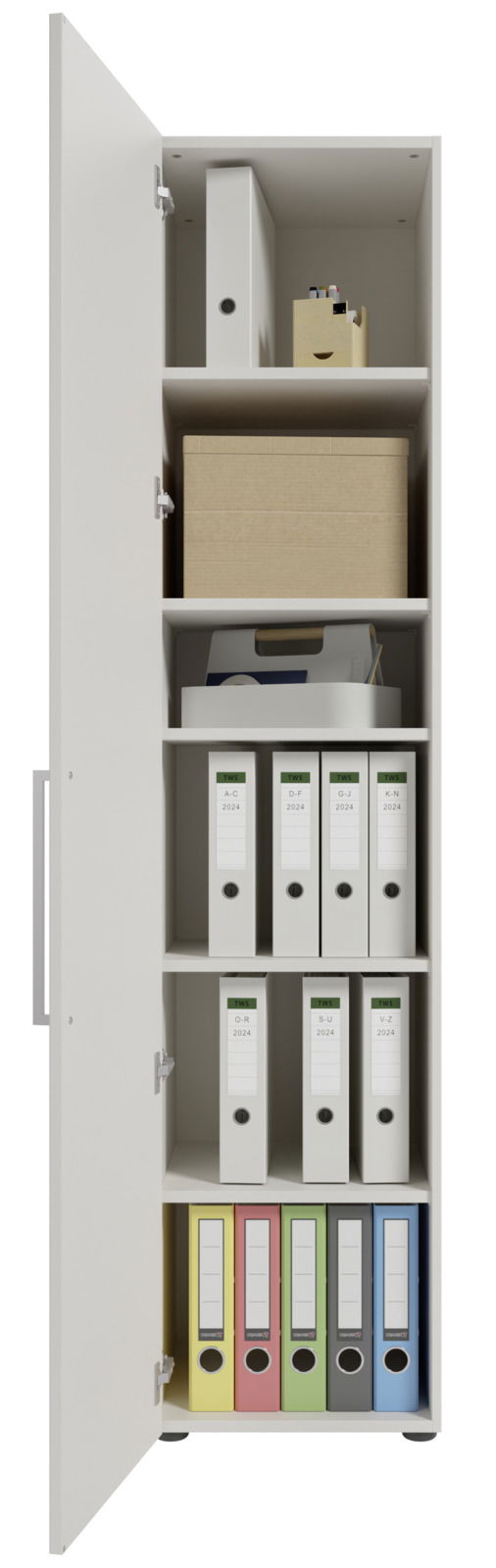 Hoher Aktenschrank mit geöffneter Tür, gefüllt mit Ordnern und Boxen, seitliche Perspektive