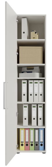 Hoher Aktenschrank mit geöffneter Tür, gefüllt mit Ordnern und Boxen, seitliche Perspektive