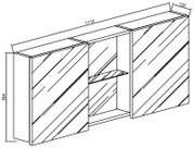 Technische Strichzeichnung eines wandhängenden Badspiegelschranks mit zwei Spiegeltüren und offenem Mittelregal, Maße ca. 1110 x 594 x 120 mm, Perspektive: schräg von vorne/oben.