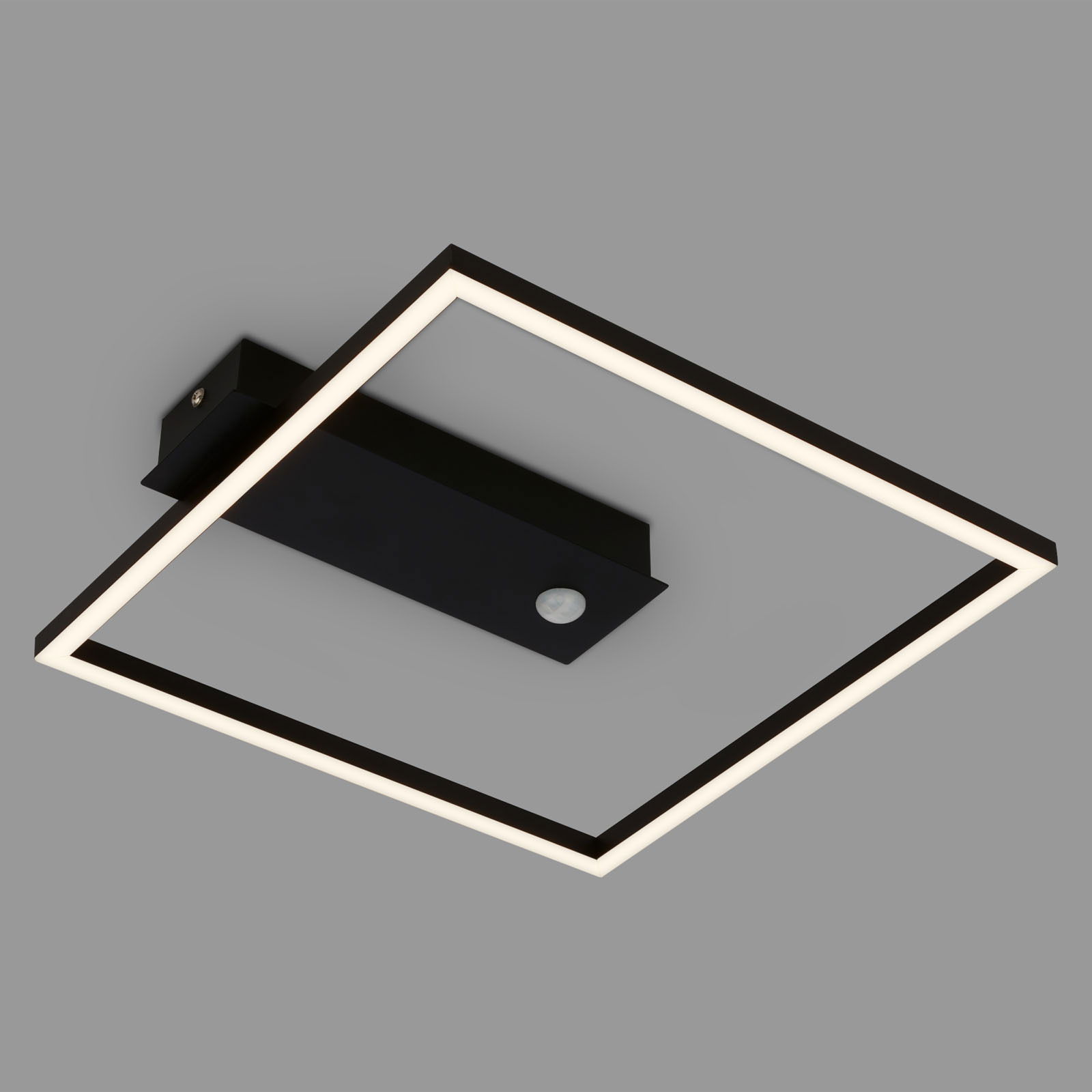 Moderne LED Deckenleuchte mit Sensor, quadratisches Design, schwarze Farbe, seitliche Perspektive