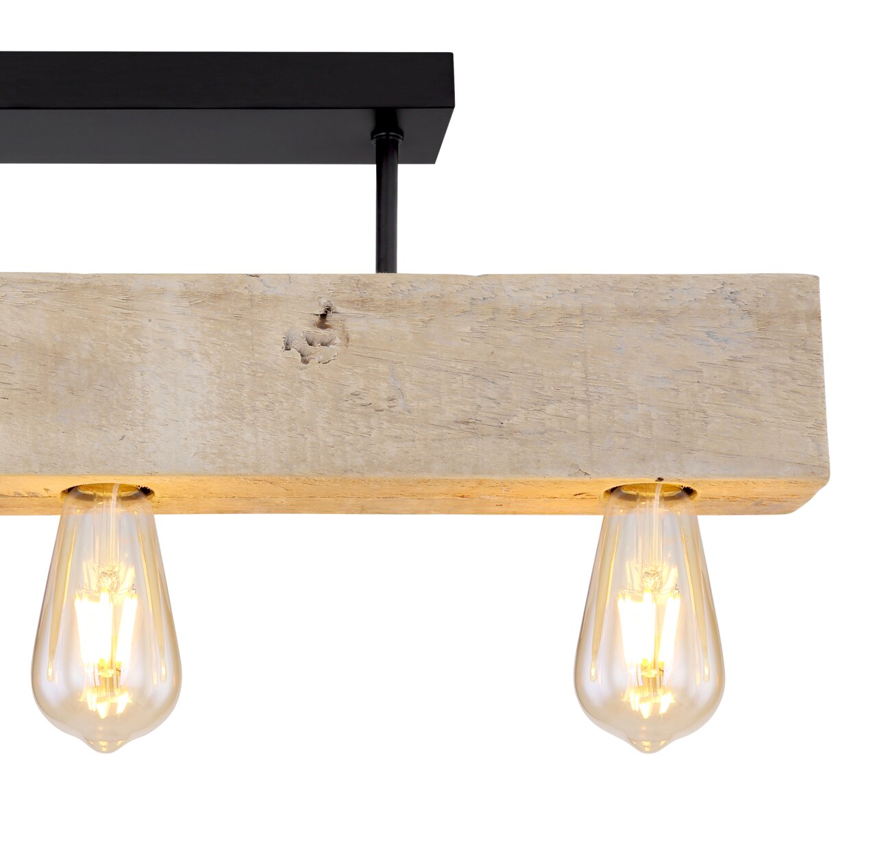 Deckenleuchte aus Holz mit zwei sichtbaren Glühbirnen, seitliche Perspektive