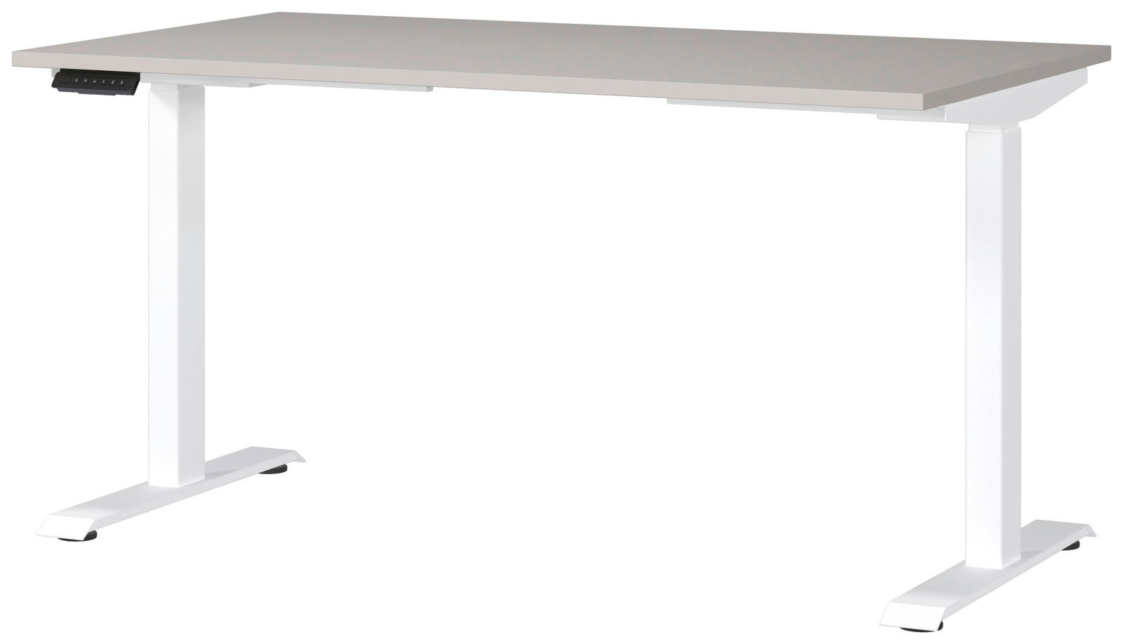 Moderner E-Schreibtisch 140x80 cm in seitlicher Perspektive mit weißem Gestell und grauer Tischplatte.