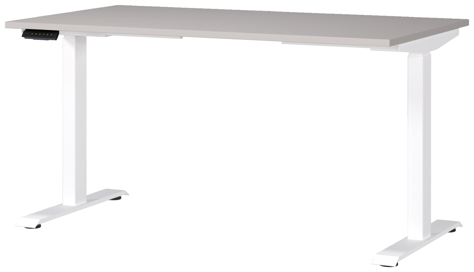 Moderner E-Schreibtisch 140x80 cm in seitlicher Perspektive mit weißem Gestell und grauer Tischplatte.