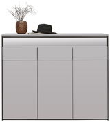 Moderner XL-Schuhschrank in grauer Farbe mit klaren Linien, dekoriert mit einem Hut und einer Vase auf der Oberseite, Frontalansicht.