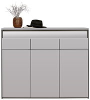 Moderner XL-Schuhschrank in grauer Farbe mit klaren Linien, dekoriert mit einem Hut und einer Vase auf der Oberseite, Frontalansicht.