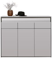 Moderner XL-Schuhschrank in grauer Farbe mit klaren Linien, dekoriert mit einem Hut und einer Vase auf der Oberseite, Frontalansicht.