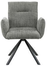 Grauer Armlehnstuhl mit gepolstertem Sitz und Rückenlehne, auf schwarzem Metallgestell, Frontalansicht