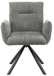 Grauer Armlehnstuhl mit gepolstertem Sitz und Rückenlehne, auf schwarzem Metallgestell, Frontalansicht