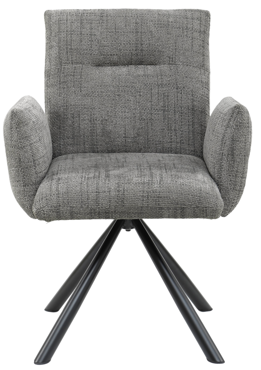 Grauer Armlehnstuhl mit gepolstertem Sitz und Rückenlehne, auf schwarzem Metallgestell, Frontalansicht