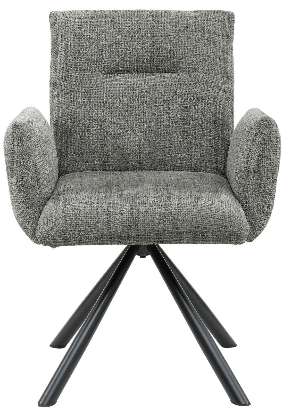 Grauer Armlehnstuhl mit gepolstertem Sitz und Rückenlehne, auf schwarzem Metallgestell, Frontalansicht