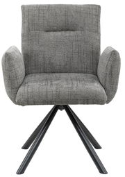 Grauer Armlehnstuhl mit gepolstertem Sitz und Rückenlehne, auf schwarzem Metallgestell, Frontalansicht