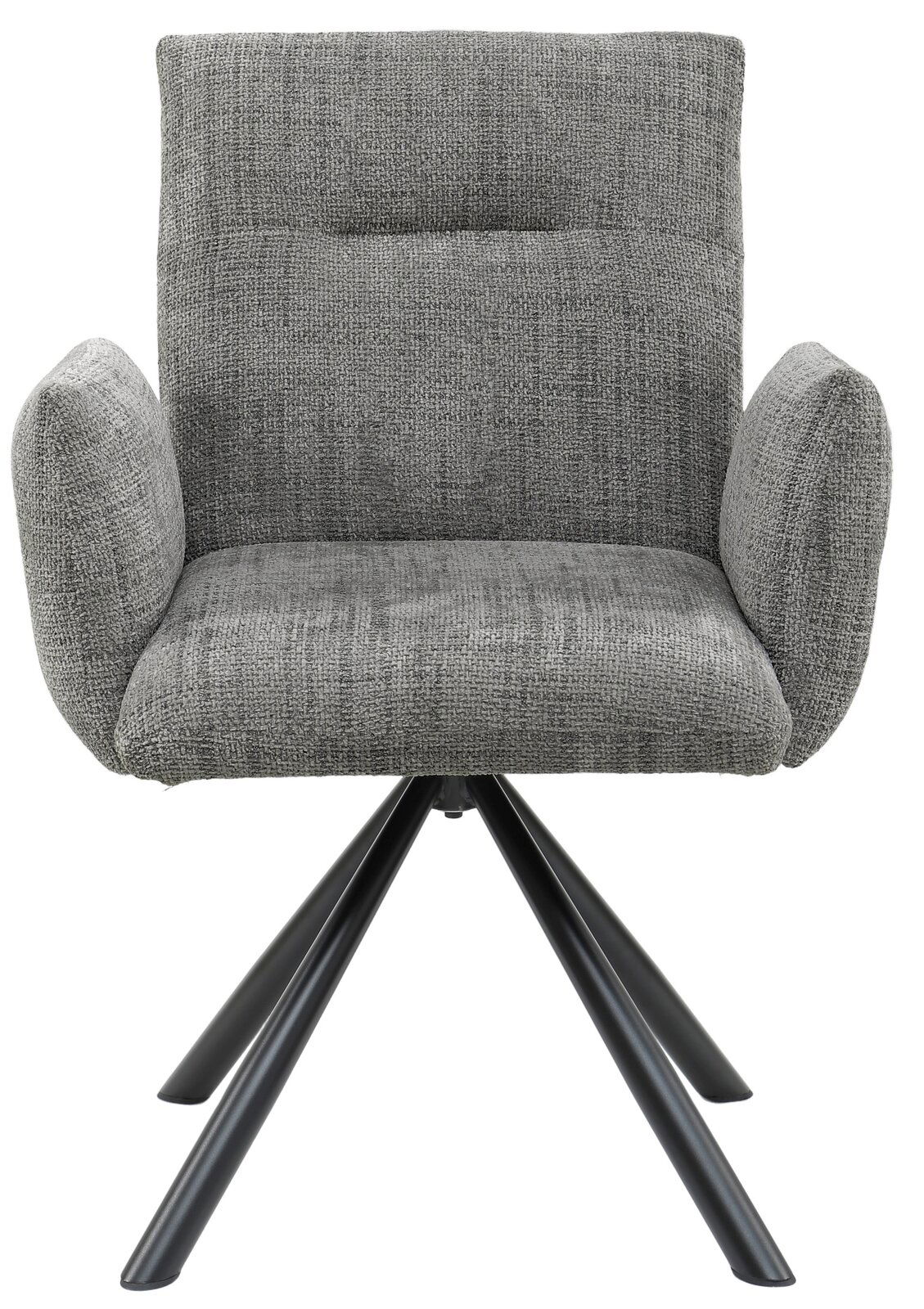 Grauer Armlehnstuhl mit gepolstertem Sitz und Rückenlehne, auf schwarzem Metallgestell, Frontalansicht