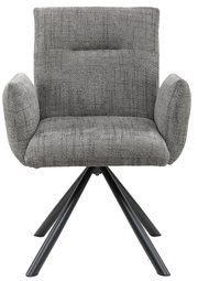 Grauer Armlehnstuhl mit gepolstertem Sitz und Rückenlehne, auf schwarzem Metallgestell, Frontalansicht