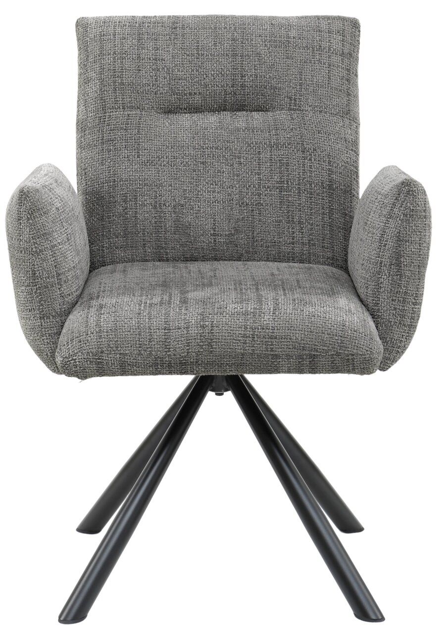 Grauer Armlehnstuhl mit gepolstertem Sitz und Rückenlehne, auf schwarzem Metallgestell, Frontalansicht