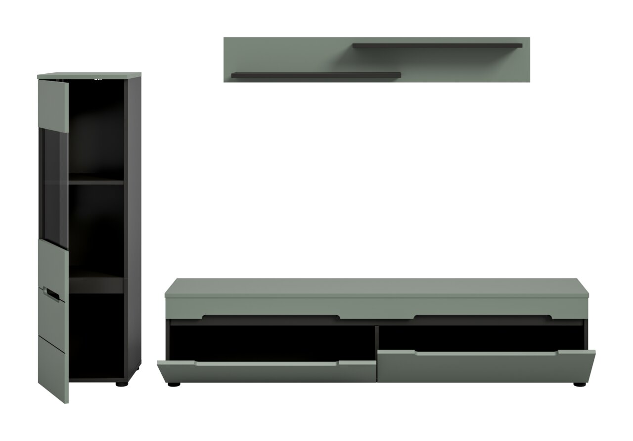 Modernes Wohnzimmermöbel-Set in Grau und Schwarz: hoher Vitrinenschrank mit Glastür und Schublade, niedriges TV-Lowboard mit zwei Schubladen sowie zwei Wandregale, dargestellt in Frontansicht mit leicht geöffneter Tür und ausgezogenen Schubladen