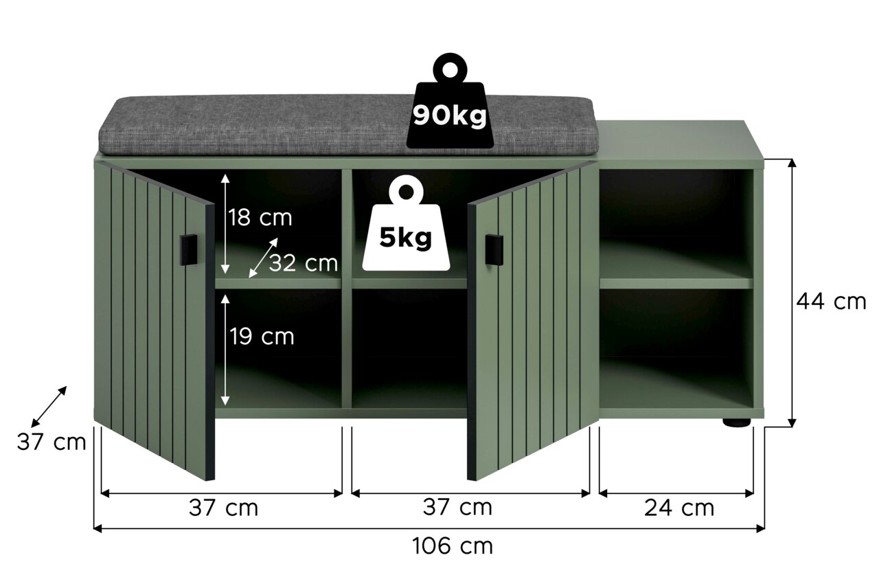 Grüne Sitzbank mit Stauraum und zwei geöffneten Lamellentüren, graues Sitzkissen, Maße 106 x 44 x 37 cm, Innenfächer sichtbar; Perspektive: frontale Ansicht leicht von oben.