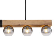 Hängeleuchte mit drei Glaskugeln und Holzbalken, seitliche Perspektive