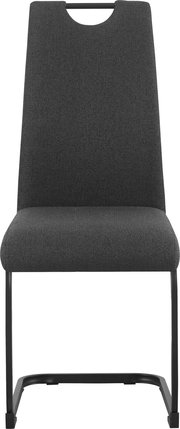 Dunkelgrauer Polsterstuhl mit hoher Rückenlehne und schwarzem Metallgestell, Frontansicht.