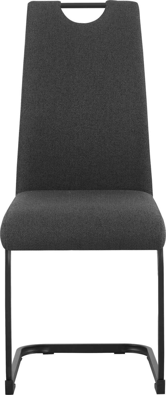 Dunkelgrauer Polsterstuhl mit hoher Rückenlehne und schwarzem Metallgestell, Frontansicht.
