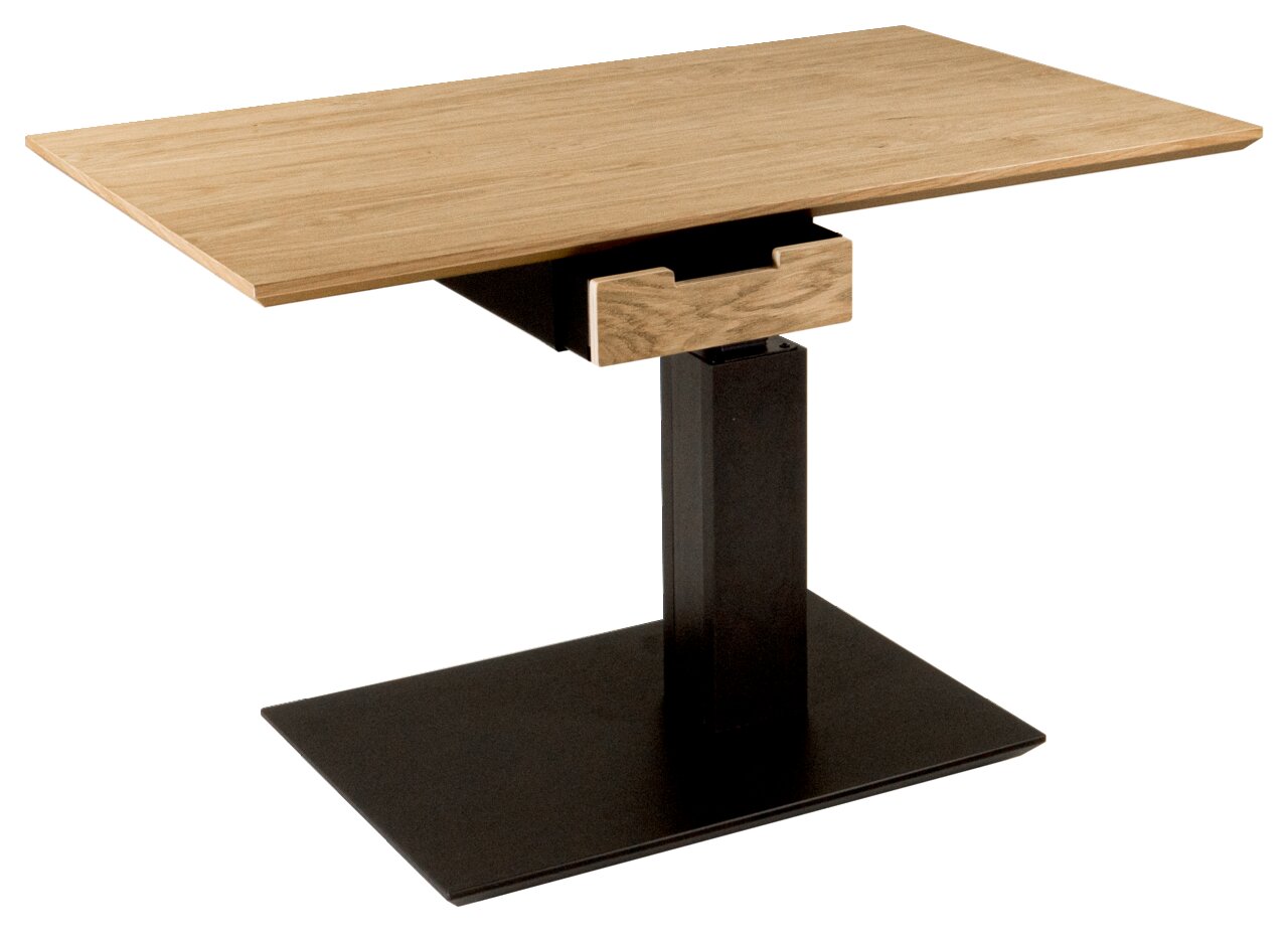 Moderner Couchtisch mit Holzplatte und schwarzem Metallfuß, seitliche Perspektive