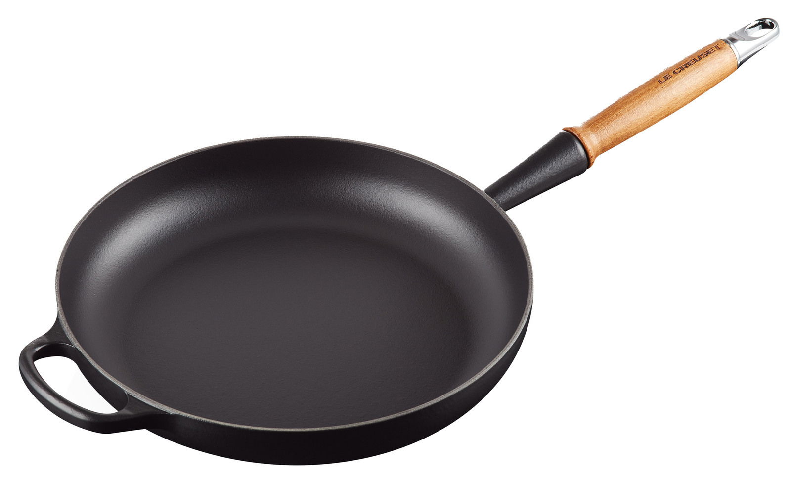 Schwarze Bratpfanne 28 cm mit Holzgriff, seitliche Perspektive