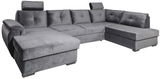 Graues Ecksofa in U-Form mit verstellbaren Kopfstützen, aus der Perspektive von vorne links betrachtet.