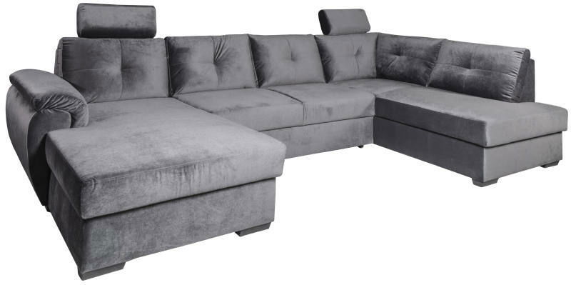 Graues Ecksofa in U-Form mit verstellbaren Kopfstützen, aus der Perspektive von vorne links betrachtet.