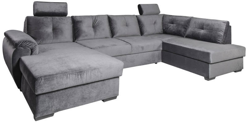 Osca Wohnlandschaft MONTREAL Graues Ecksofa in U-Form mit verstellbaren Kopfstützen, aus der Perspektive von vorne links betrachtet.