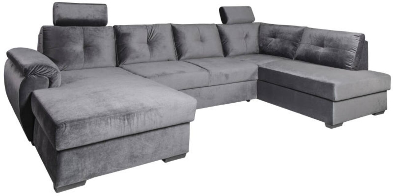 Graues Ecksofa in U-Form mit verstellbaren Kopfstützen, aus der Perspektive von vorne links betrachtet.