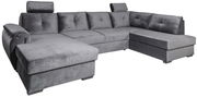 Graues Ecksofa in U-Form mit verstellbaren Kopfstützen, aus der Perspektive von vorne links betrachtet.