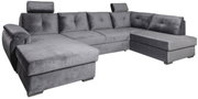 Graues Ecksofa in U-Form mit verstellbaren Kopfstützen, aus der Perspektive von vorne links betrachtet.