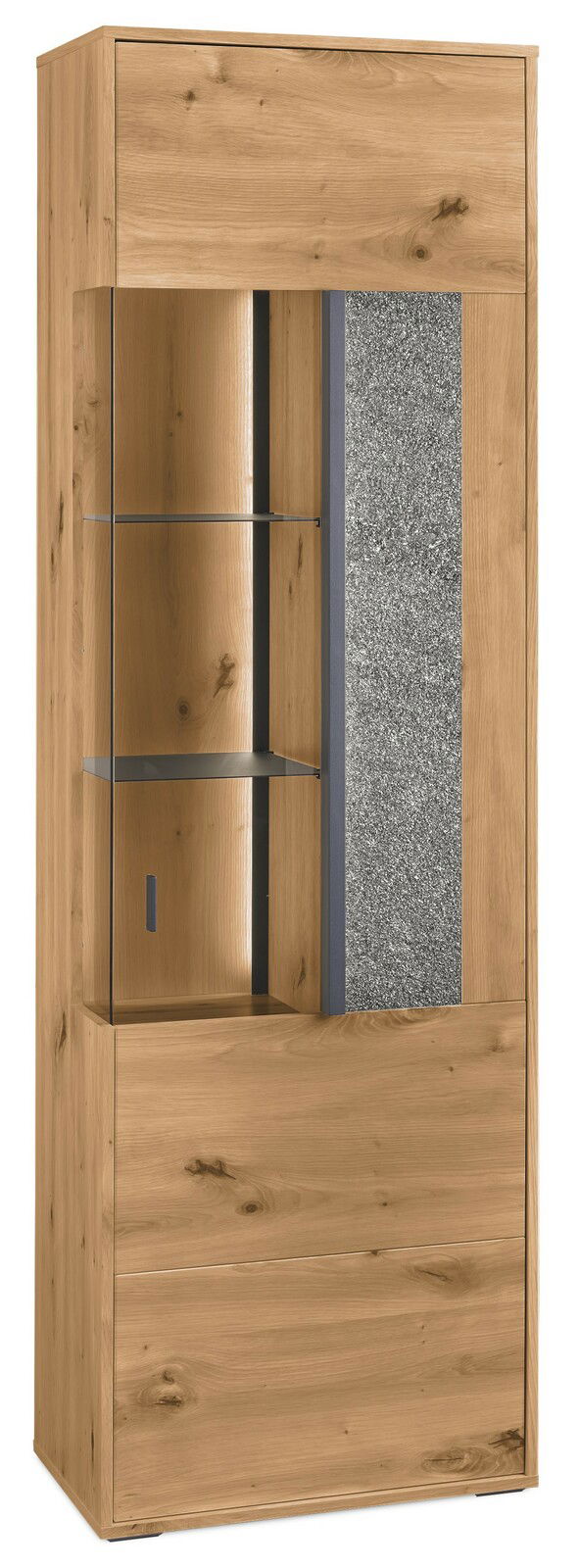 Set one by Musterring Vitrine rechts DELTONA Vitrine aus Holz mit Glaselementen und grauer Steinoptik, frontal betrachtet.